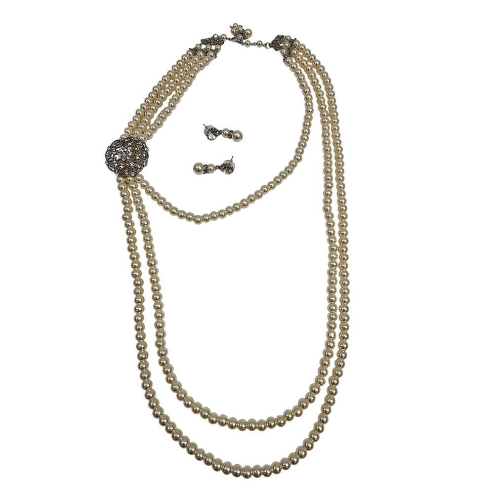 Roaring 20s Faux Pearl Multi Strand Necklace Earrings Gatsby Art Deco Rhinestone